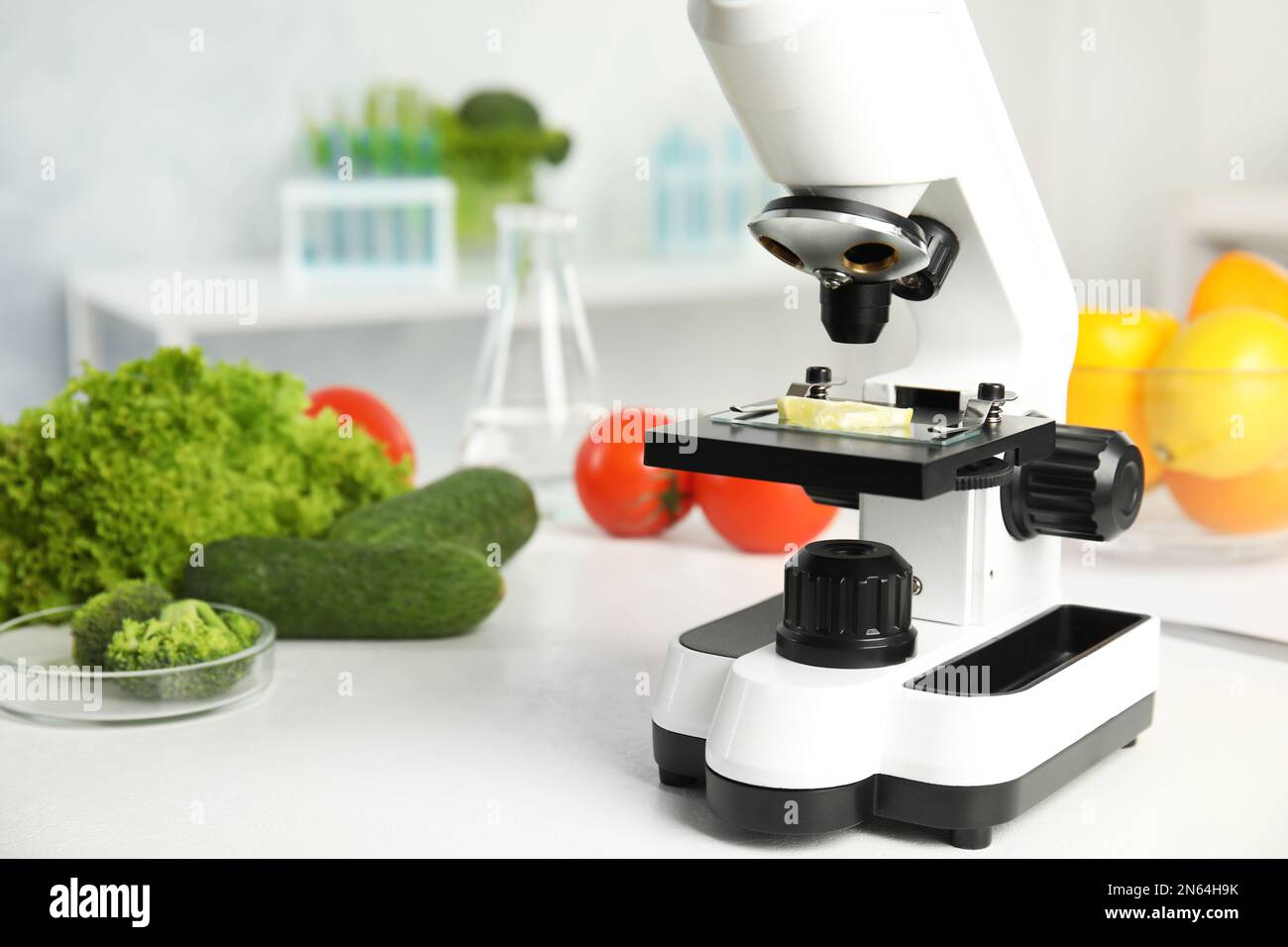 Slide with slice of lemon on microscope in laboratory, space for text ...