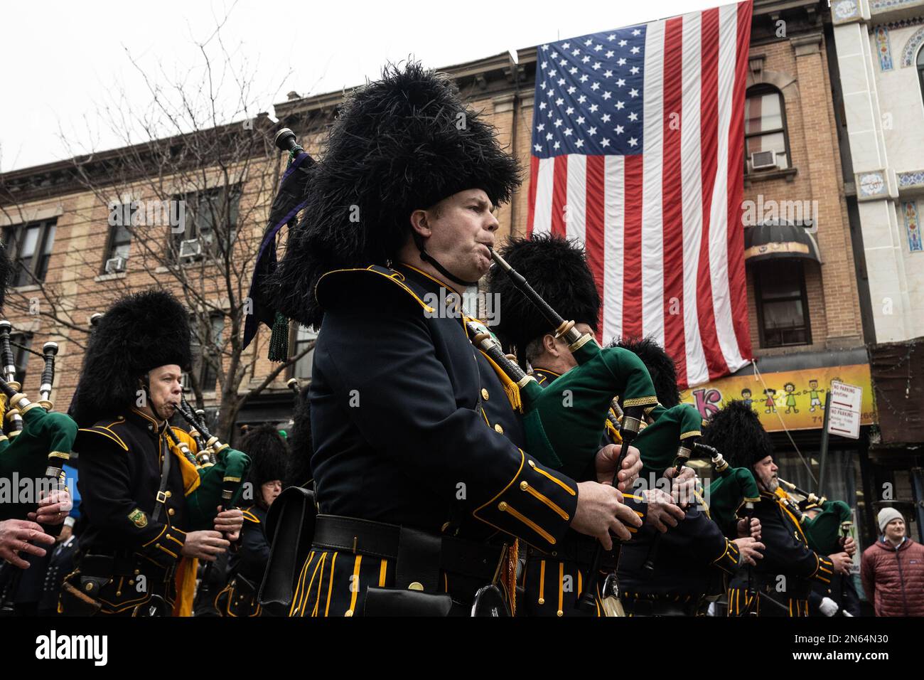 New York, USA. 09th Feb, 2023. The NYPD Pipes and Drums Band plays at