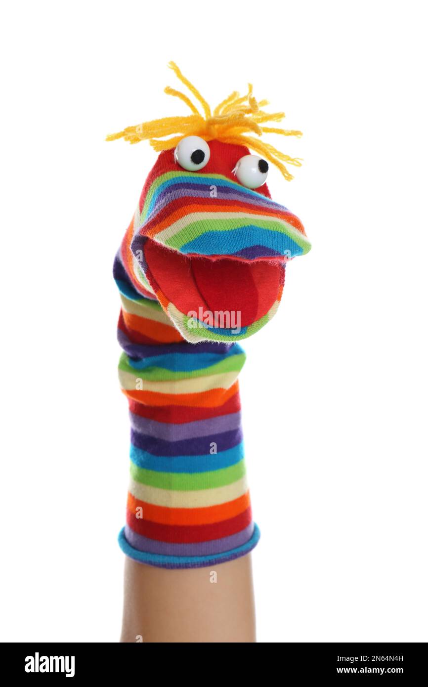 Funny sock puppet for show on hand against white background Stock Photo Alamy