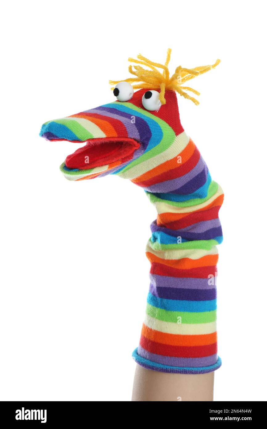 Funny sock puppet for show on hand against white background Stock Photo