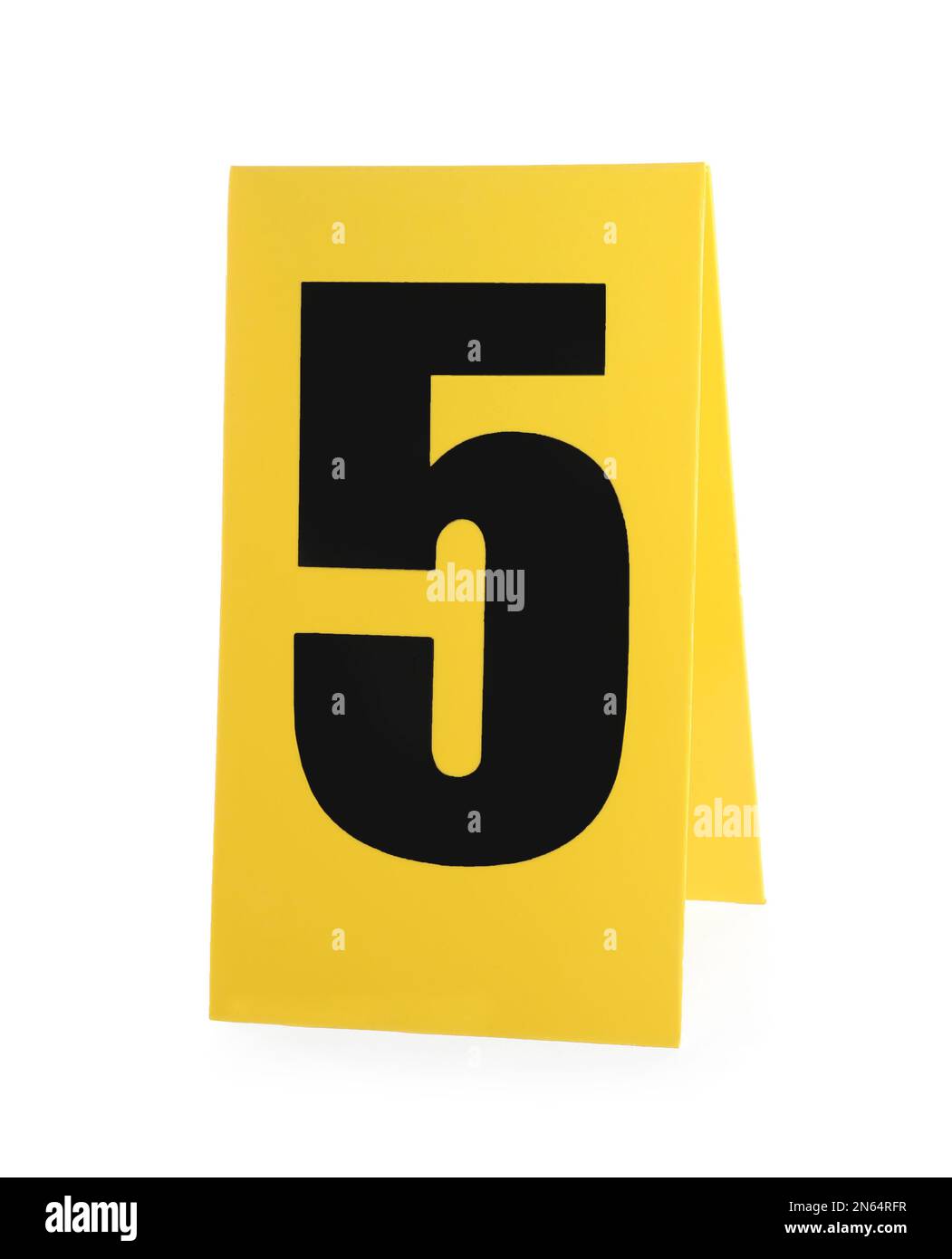 Yellow crime scene marker with number five on white background Stock Photo