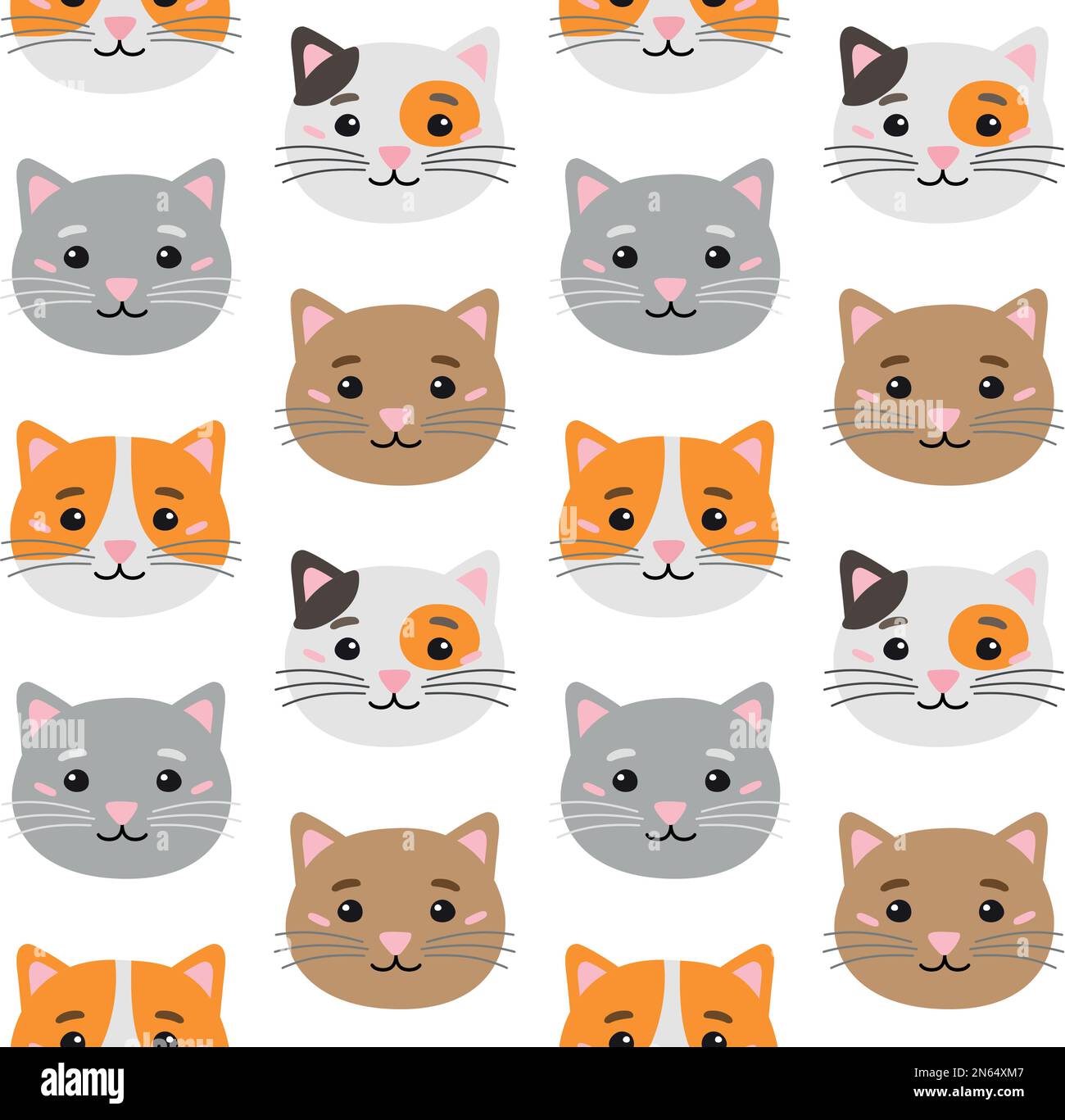 Vector seamless pattern of flat hand drawn different cat face head ...