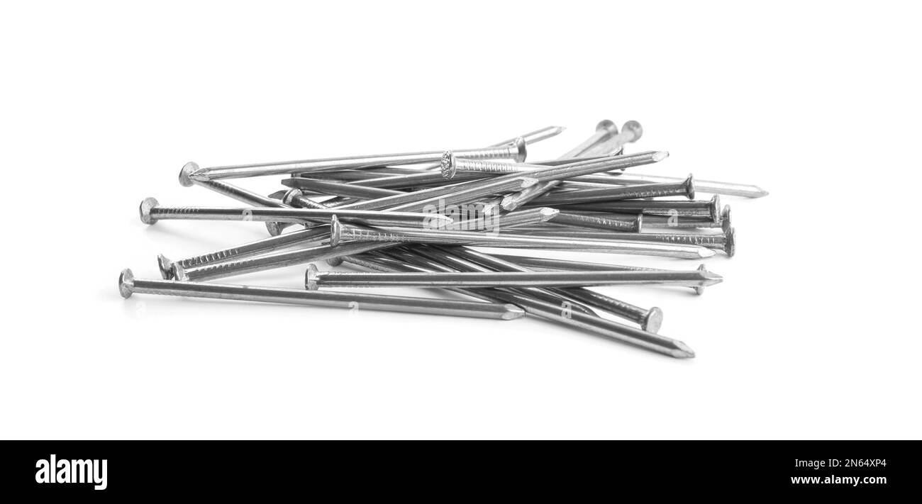 Pile of metal nails on white background Stock Photo Alamy