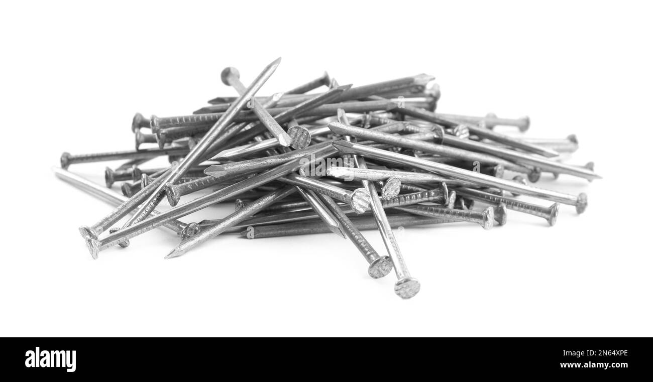 Pile of metal nails on white background Stock Photo Alamy
