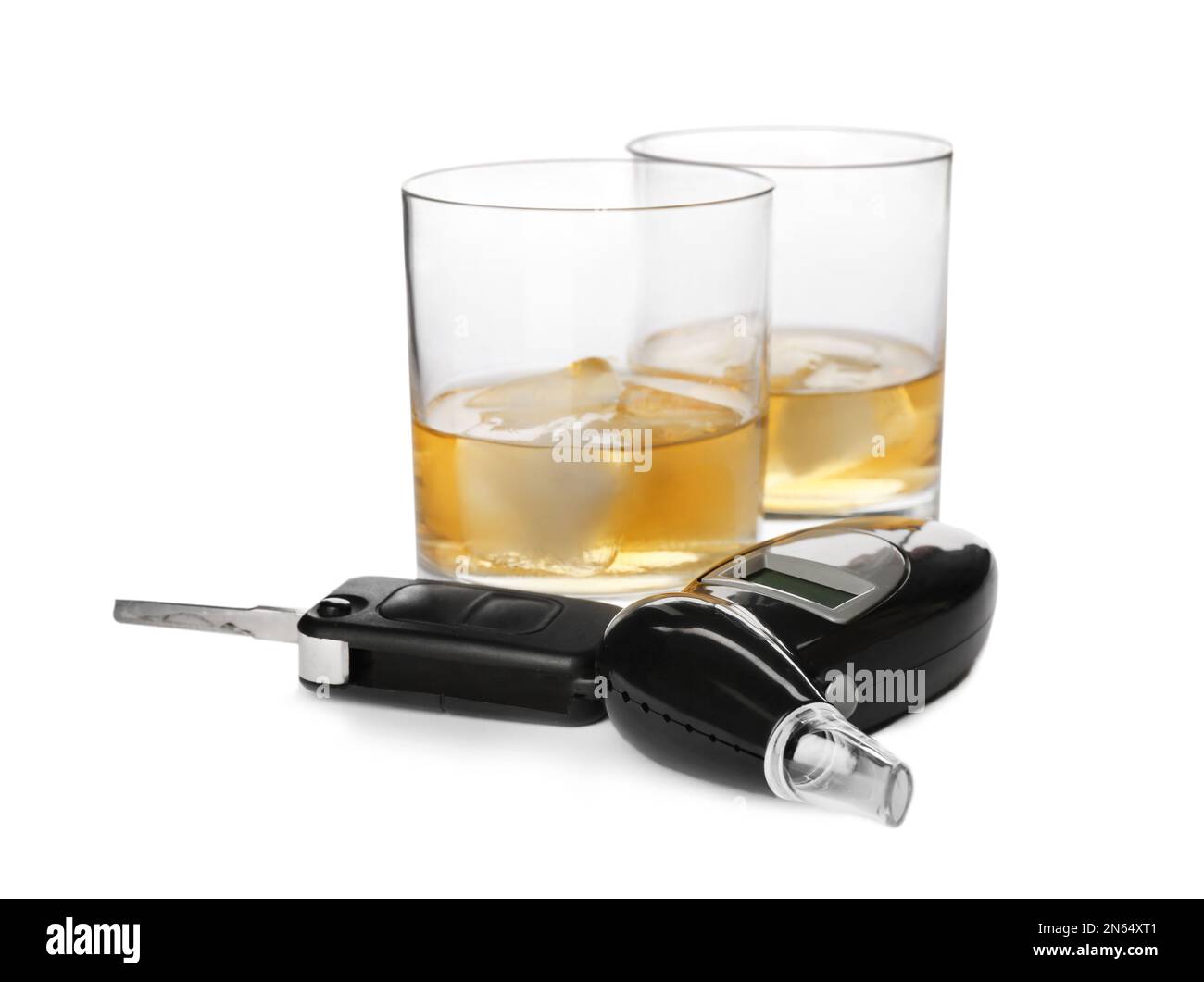 Modern breathalyzer, alcohol and car key on white background Stock