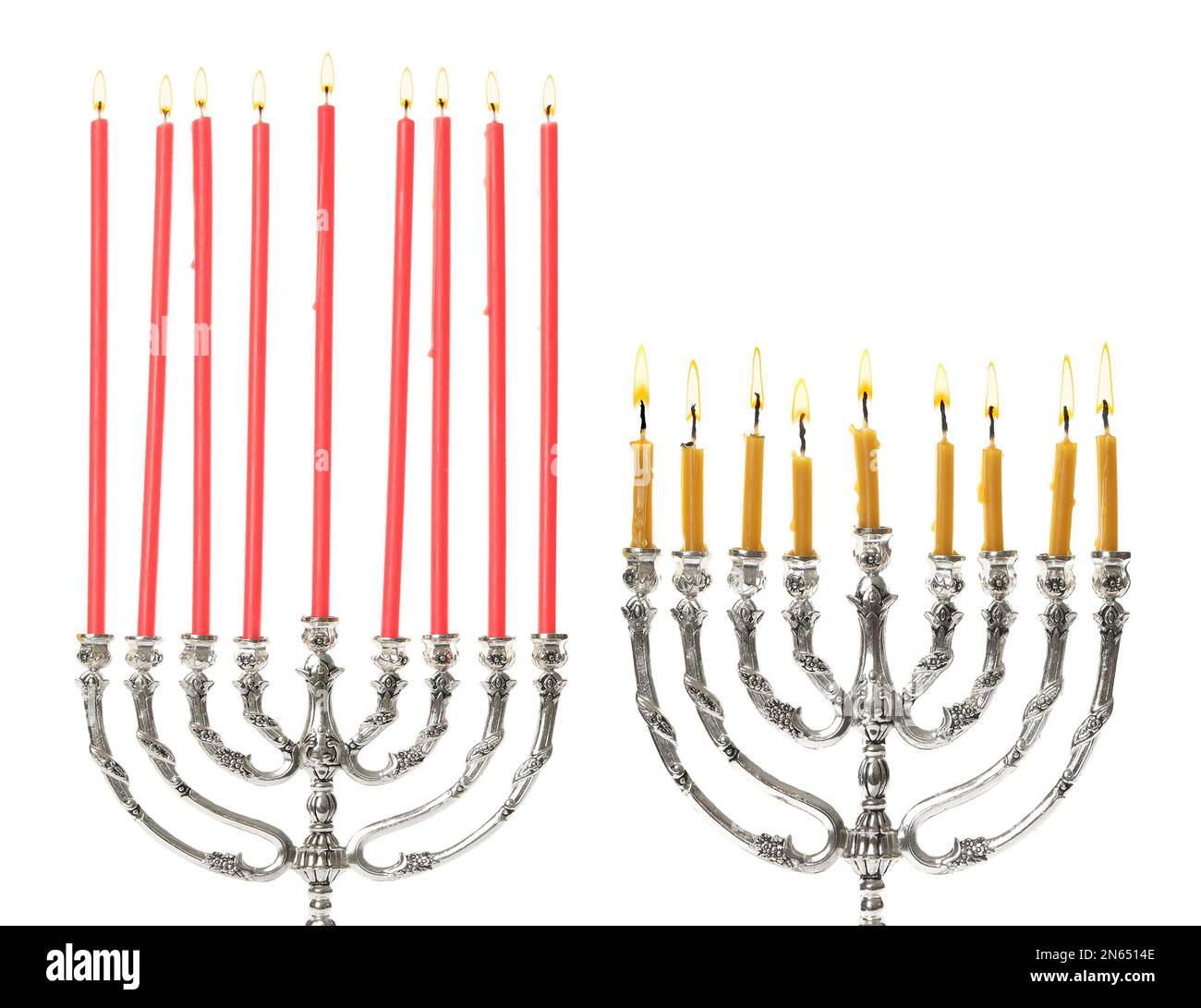 Silver menorahs with burning candles on white background. Hanukkah