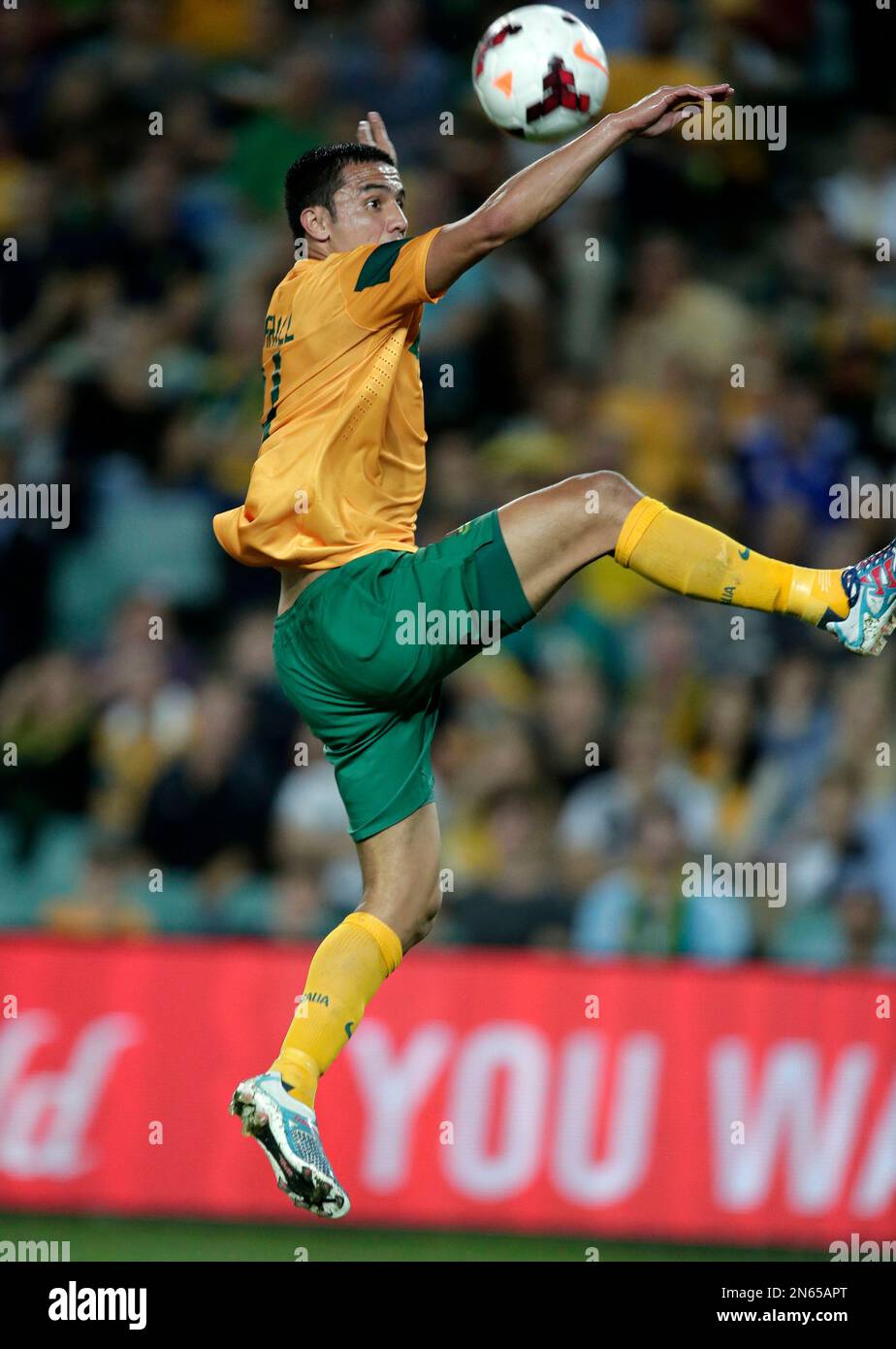 Australia's Tim Cahill looks to head a ball in front of the Costa Rica ...