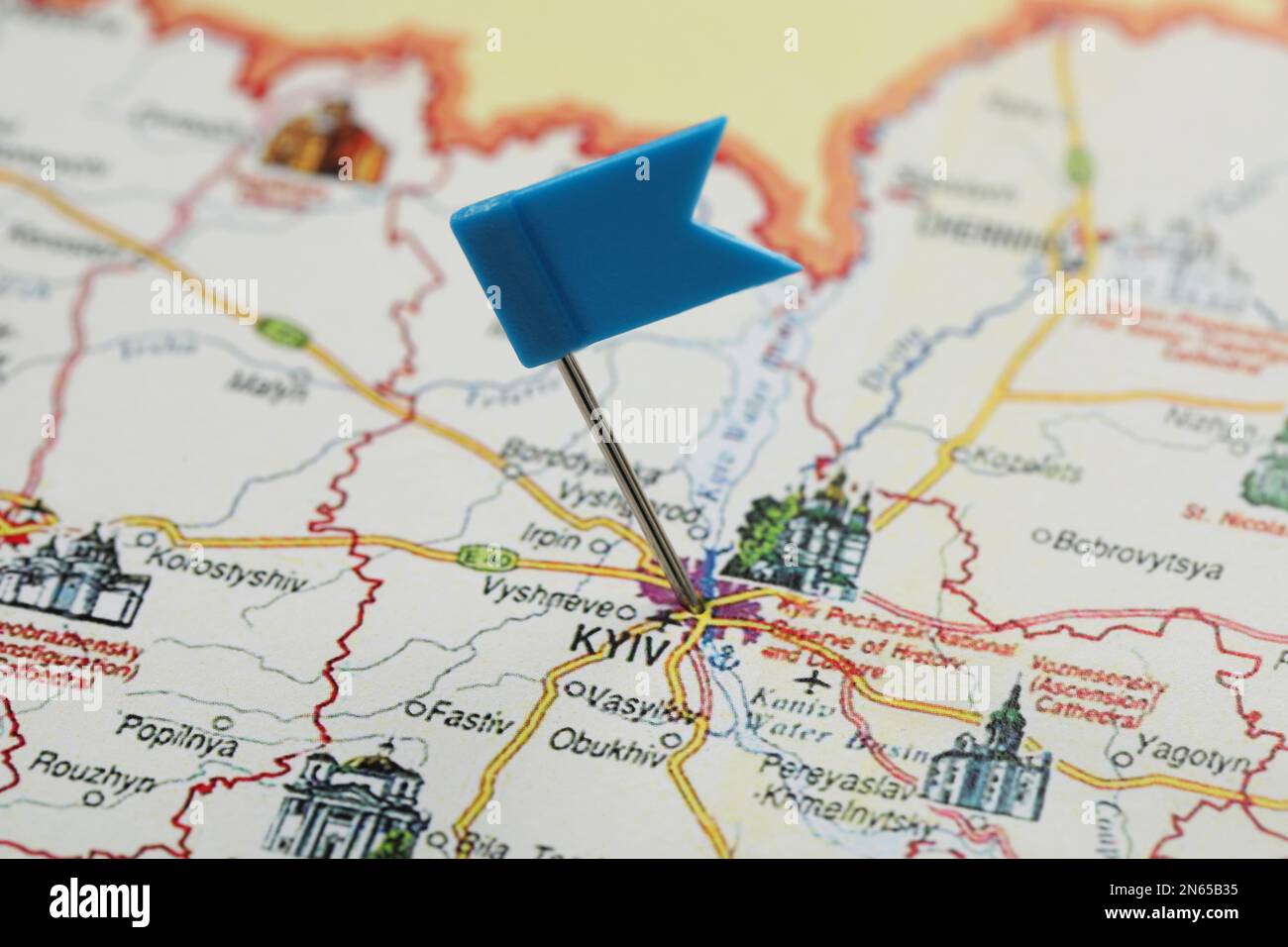 MYKOLAIV, UKRAINE - NOVEMBER 09, 2020: Kyiv city marked with push pin on map of Ukraine, closeup Stock Photo