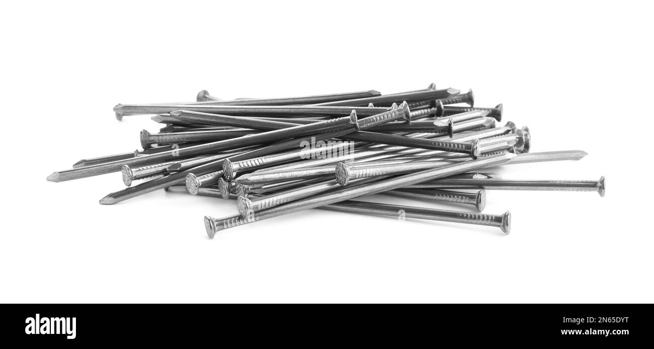 Pile of metal nails on white background Stock Photo Alamy