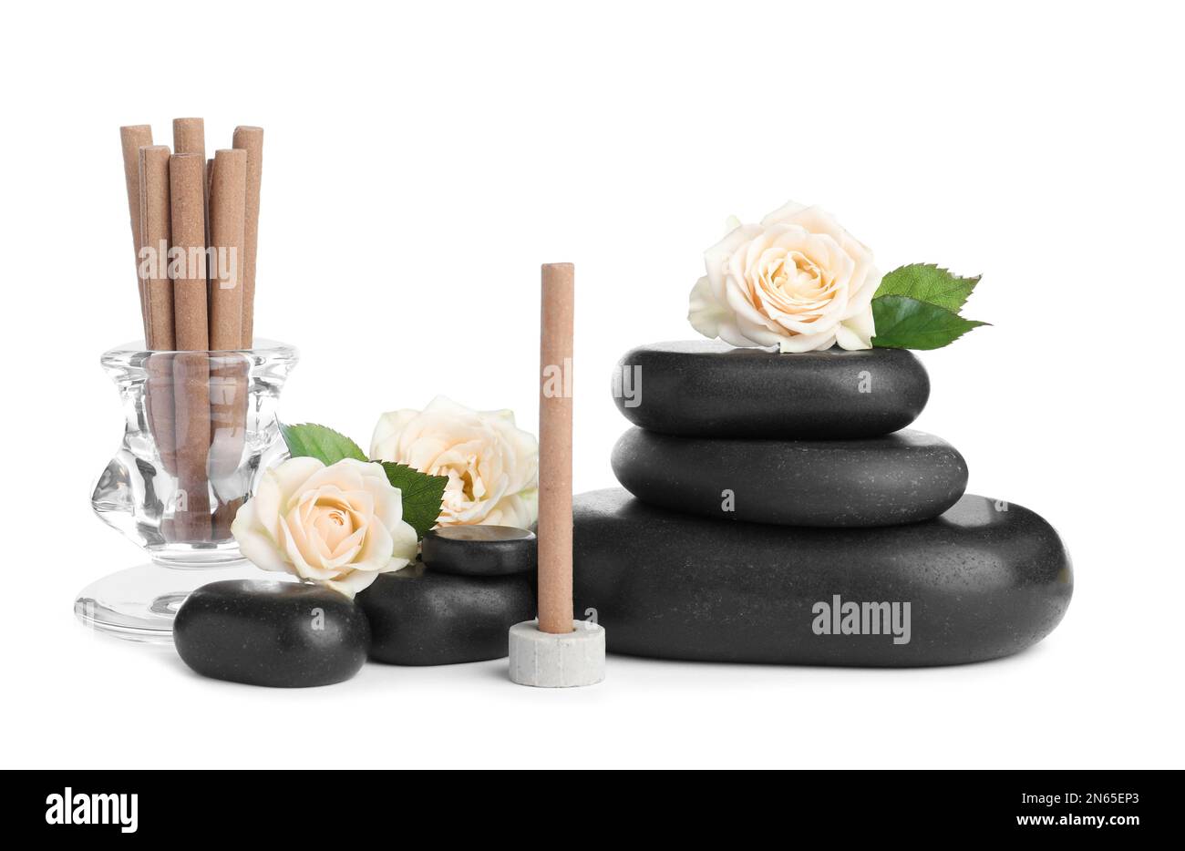 Pink Roses Incence Rocks Aromatic incense sticks, roses and spa stones on white background Stock ...
