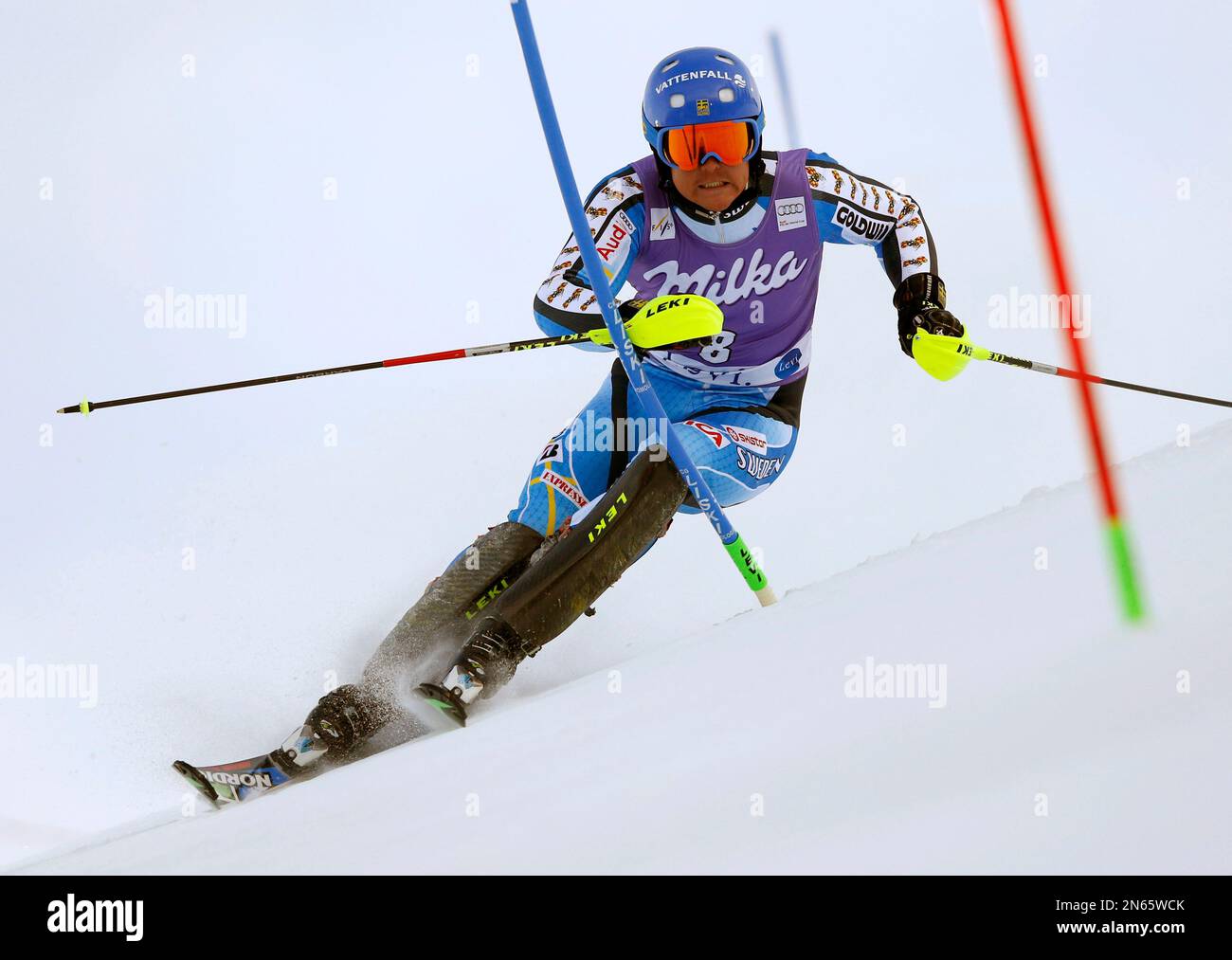 Mattias Hargin, of Sweden, competes during the first run of an alpine ski,  men's World Cup slalom race, at the World Cup finals in Meribel, France,  Sunday, March 22, 2015. (AP Photo/Shinichiro