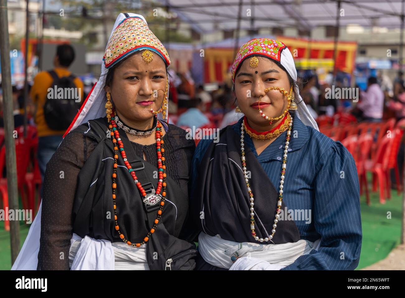Portrait of two tribal women from the state of Uttarakhand India wearing traditional attire on 17 January 2023 Stock Photo