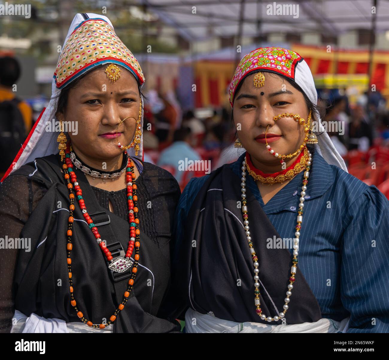 Portrait of two tribal women from the state of Uttarakhand India wearing traditional attire on 17 January 2023 Stock Photo