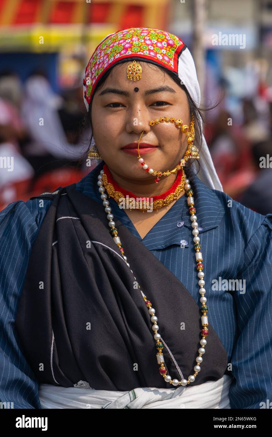 Portrait of a tribal tribal women from the state of Uttarakhand India wearing traditional attire on 17 January 2023 Stock Photo
