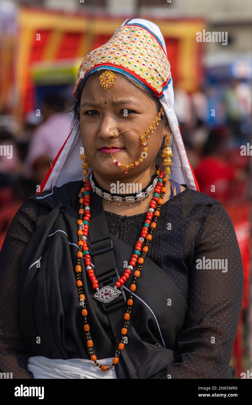 Portrait of a tribal tribal women from the state of Uttarakhand India wearing traditional attire on 17 January 2023 Stock Photo