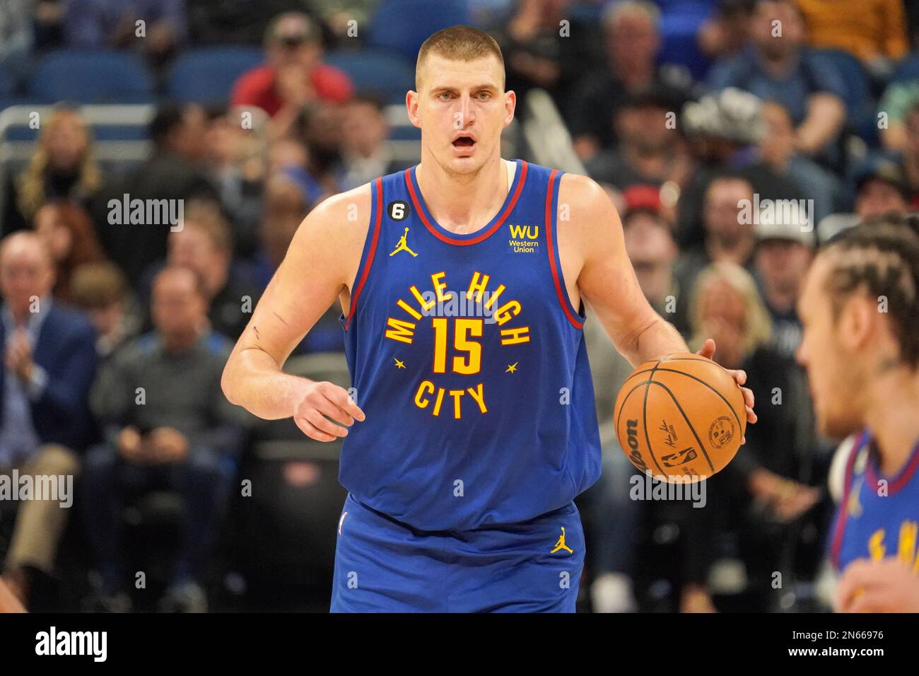 Orlando, Florida, USA, February 9, 2023, Denver Nuggets center Nikola Jokic #15 during the first half at the Amway Center.  (Photo Credit:  Marty Jean-Louis) Stock Photo