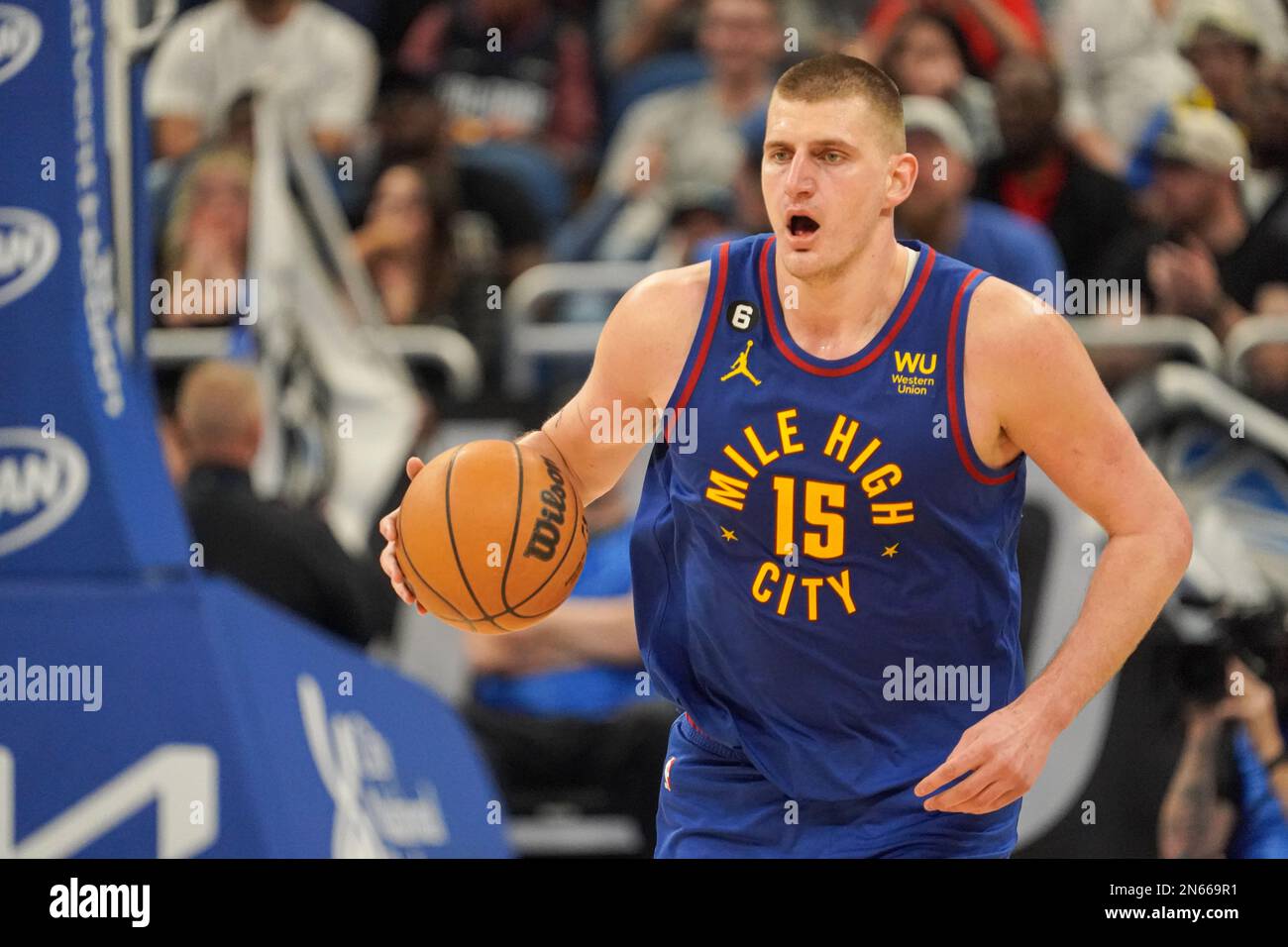 Orlando, Florida, USA, February 9, 2023, Denver Nuggets center Nikola Jokic #15 during the first half at the Amway Center.  (Photo Credit:  Marty Jean-Louis) Stock Photo