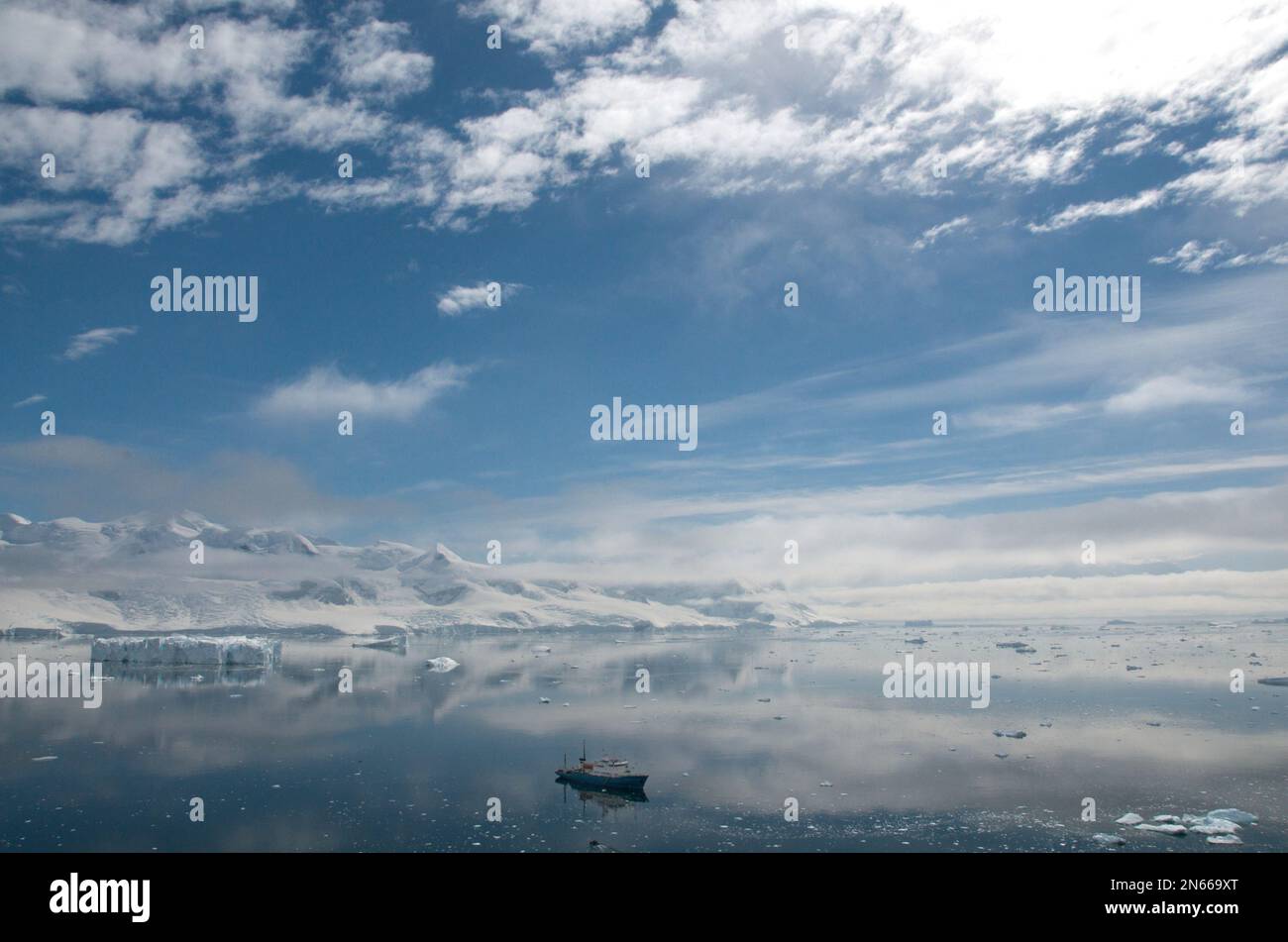 Antarctica view with ship in the distance Stock Photo