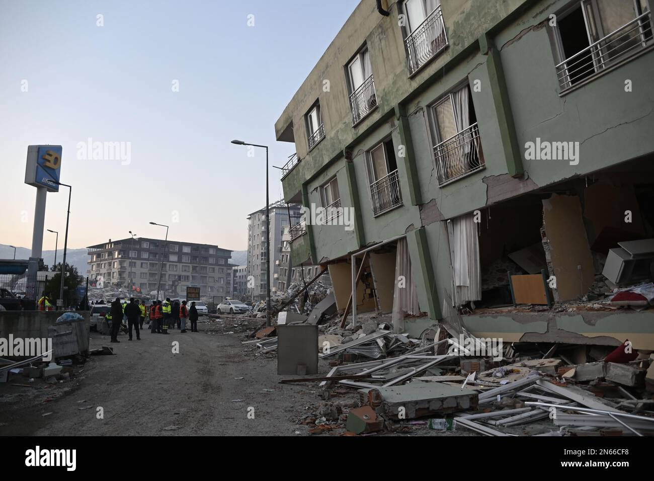 Antakya, Turkey. 09th Feb, 2023. People linger in the destroyed city
