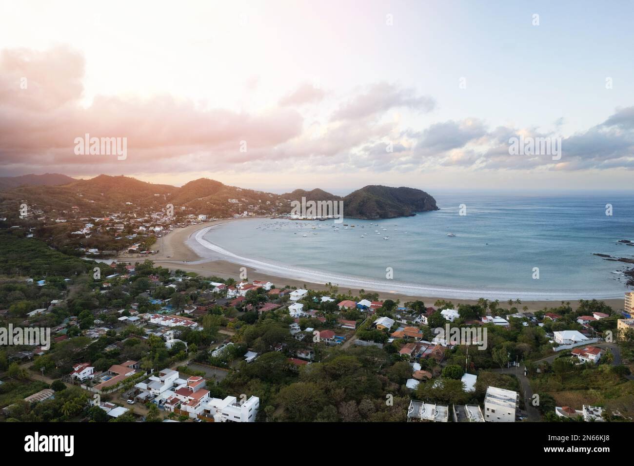 Beach  of San juan Del Sur aerial drone view on sunset Stock Photo