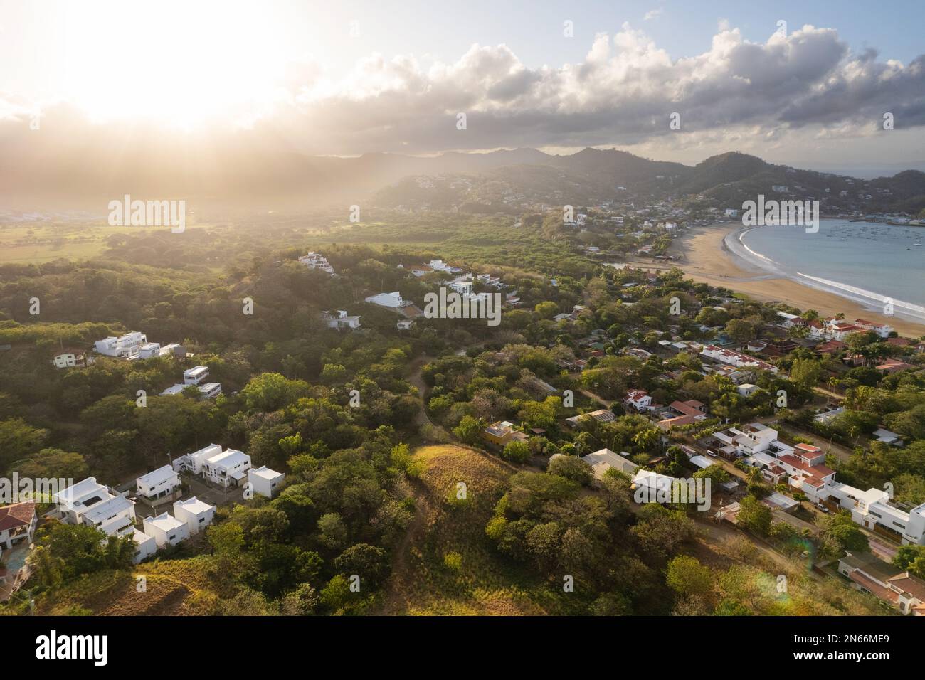 Panoramic view on San Juan Del Sur town aerial drone view Stock Photo