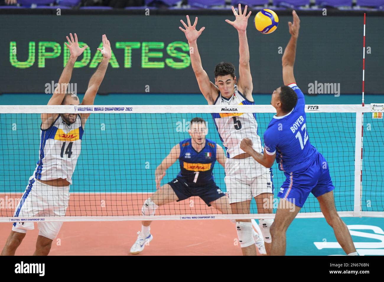 Gianluca Galassi, Alessandro Michieletto (Italy); Stephen Boyer (France). Volleyball World Championship 2022. Stock Photo