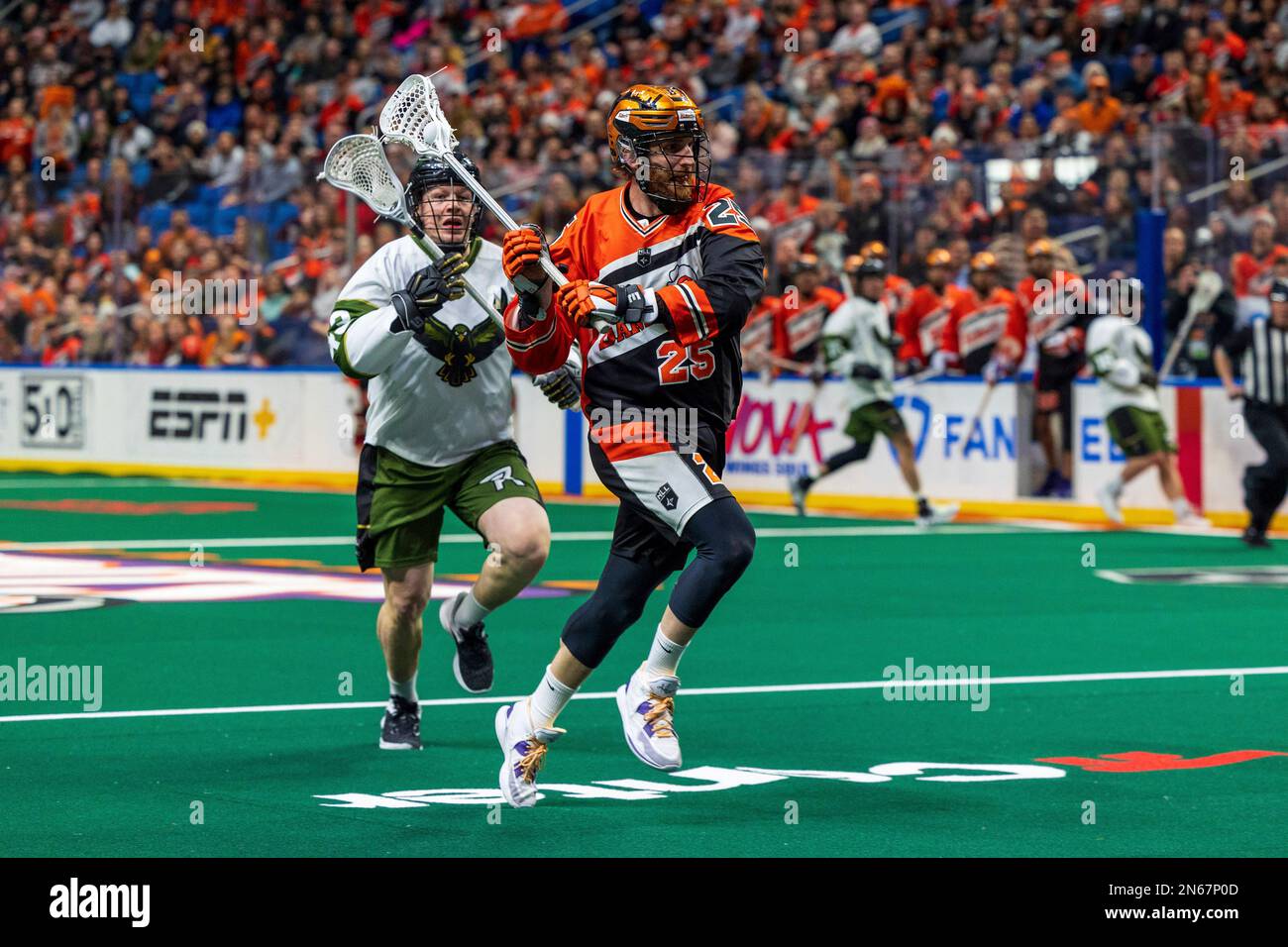 February 4th, 2023 Buffalo Bandits defenseman Matt Spanger (25) runs