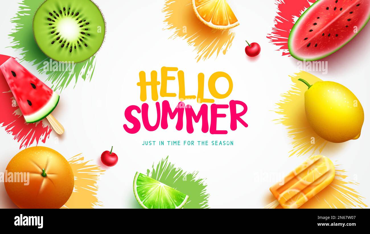 Hello summer vector design. Hello summer text with watermelon, orange, kiwi and lime slice fruits element. Vector illustration summer fruit background Stock Vector