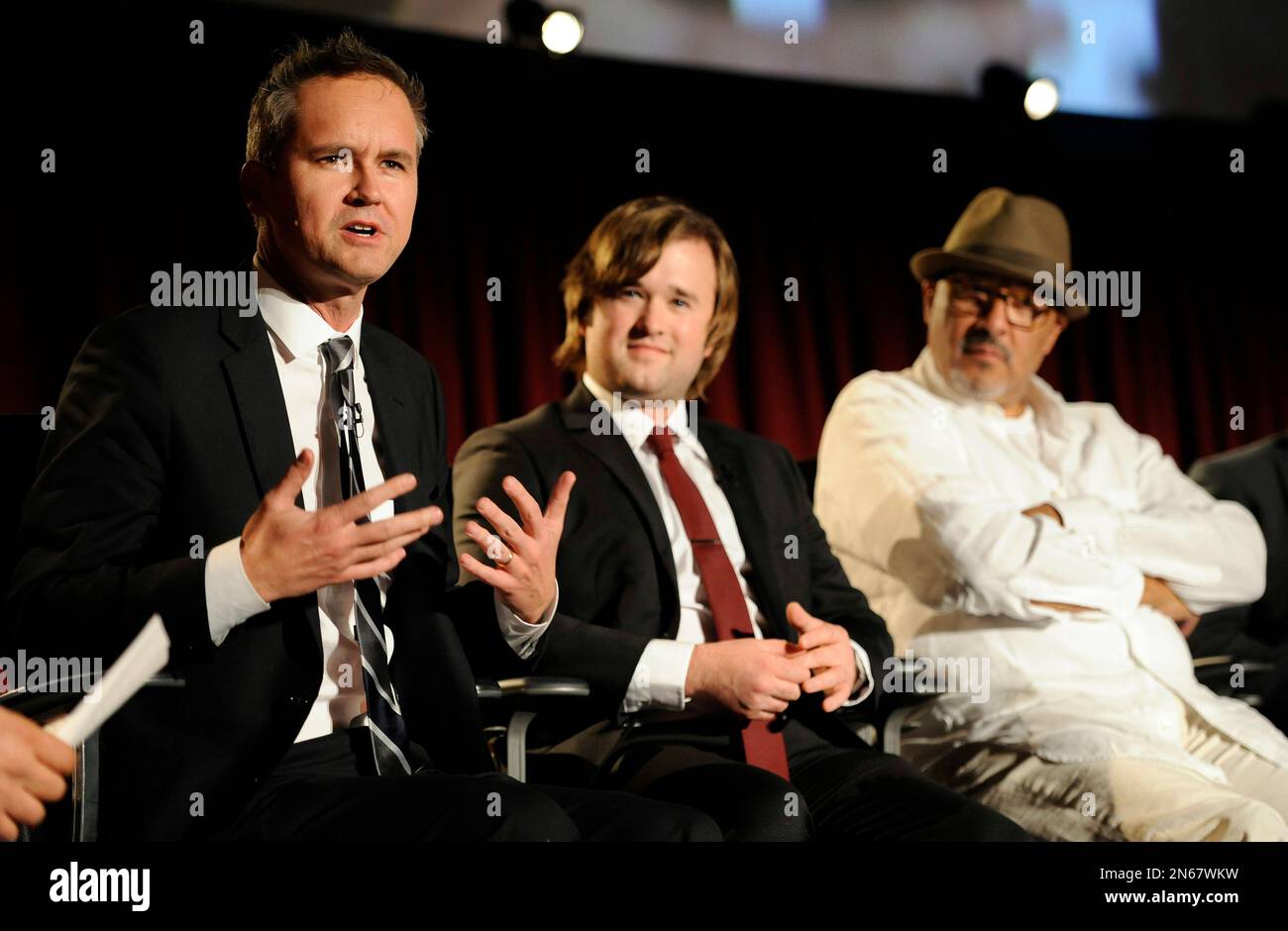 Roy Price, left, director of Amazon Studios, addresses the crowd as