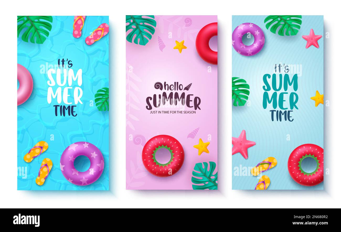 Summer banner vector set. Hello summer holiday greeting text with beach ...