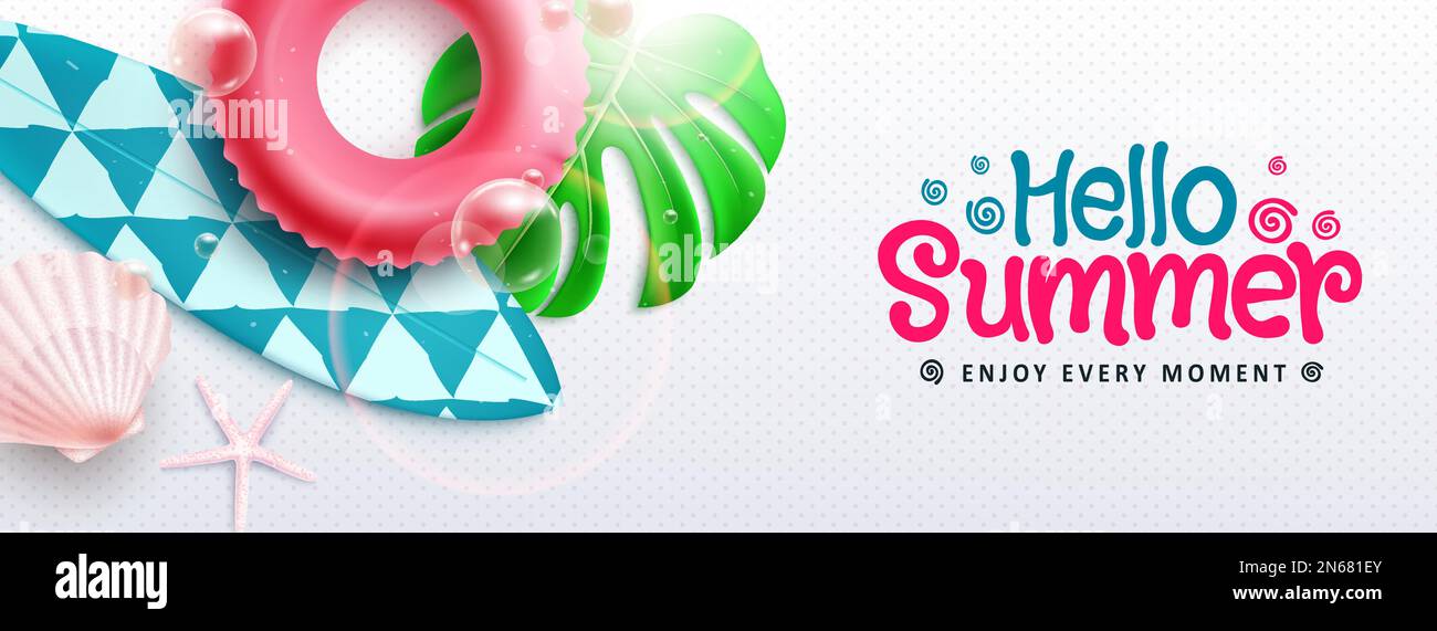 Hello summer vector design. Hello summer enjoy every moment text with floater and surfboard elements. Vector illustration summer background. Stock Vector