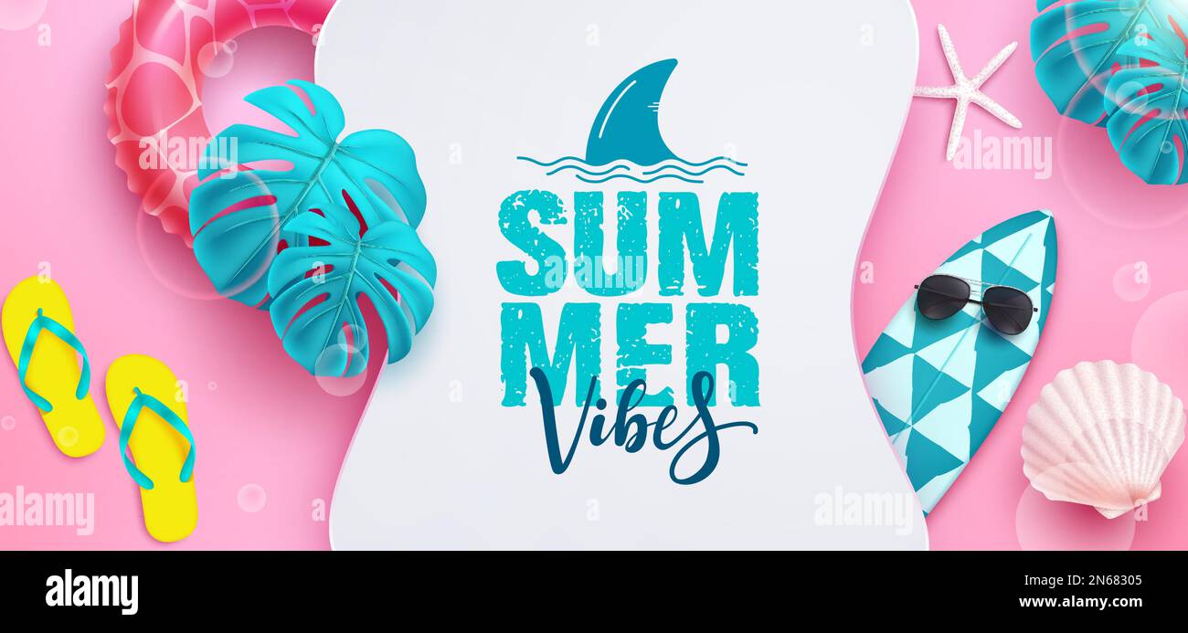 Summer vibes vector deign. Summer vibes text in white empty space with surfboard and floater elements in background. Vector illustration summer. Stock Vector