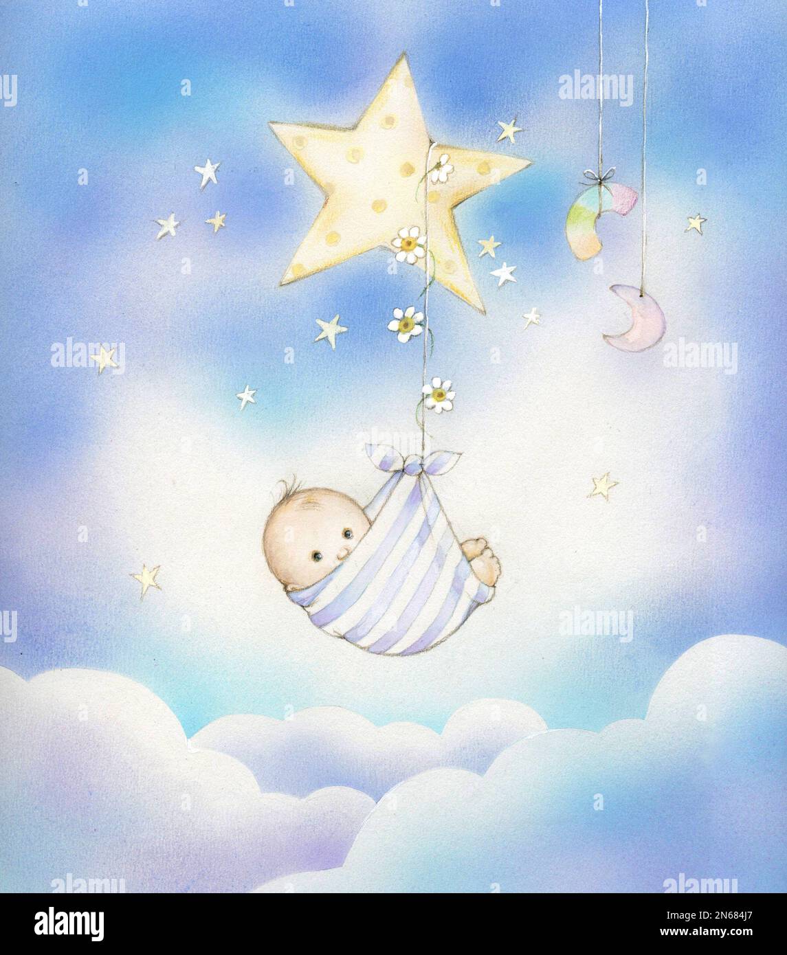 cute baby suspended from star in dreamland with clouds Stock Photo Alamy