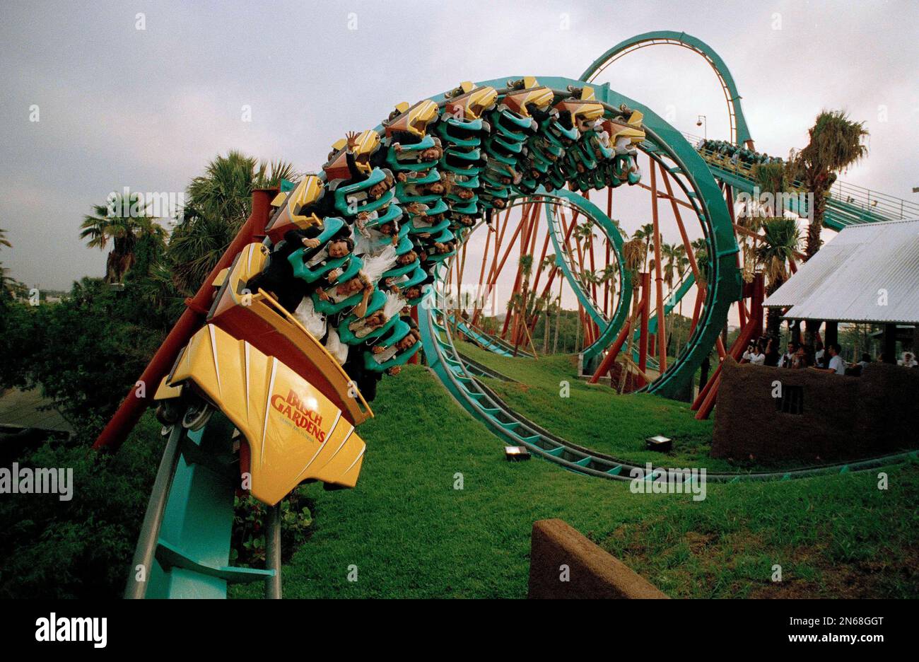 Married couples dressed in gowns and tuxedos ride the Kumba roller coaster  at Tampa, Fla. Busch Gardens, June 25, 1993. Forty-six couples were married  by a minister while the ride was in, image size:1300x936