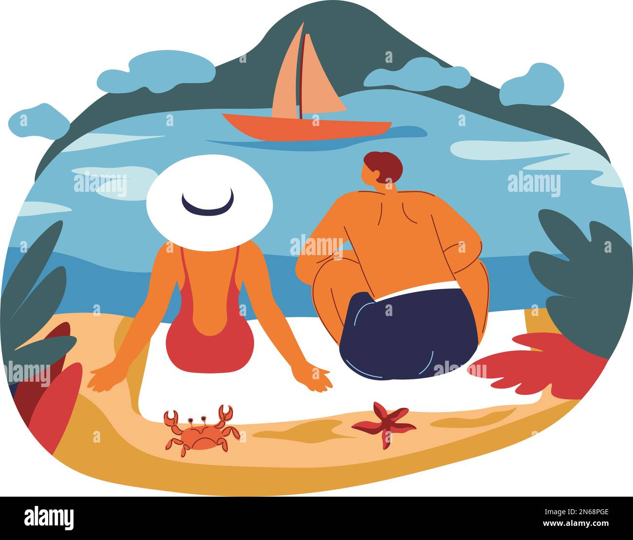 Summer holidays and rest, man and woman sitting on river bank or beach looking at the sailing boat. Couple enjoying weekends by ocean or sea. Honeymoo Stock Vector