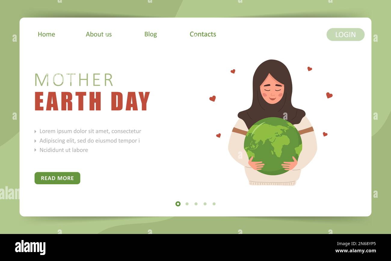 Mother Earth day landing page template. Cute arabian girl expresses love to planet. Perfect for web design, business presentation and marketing Stock Vector