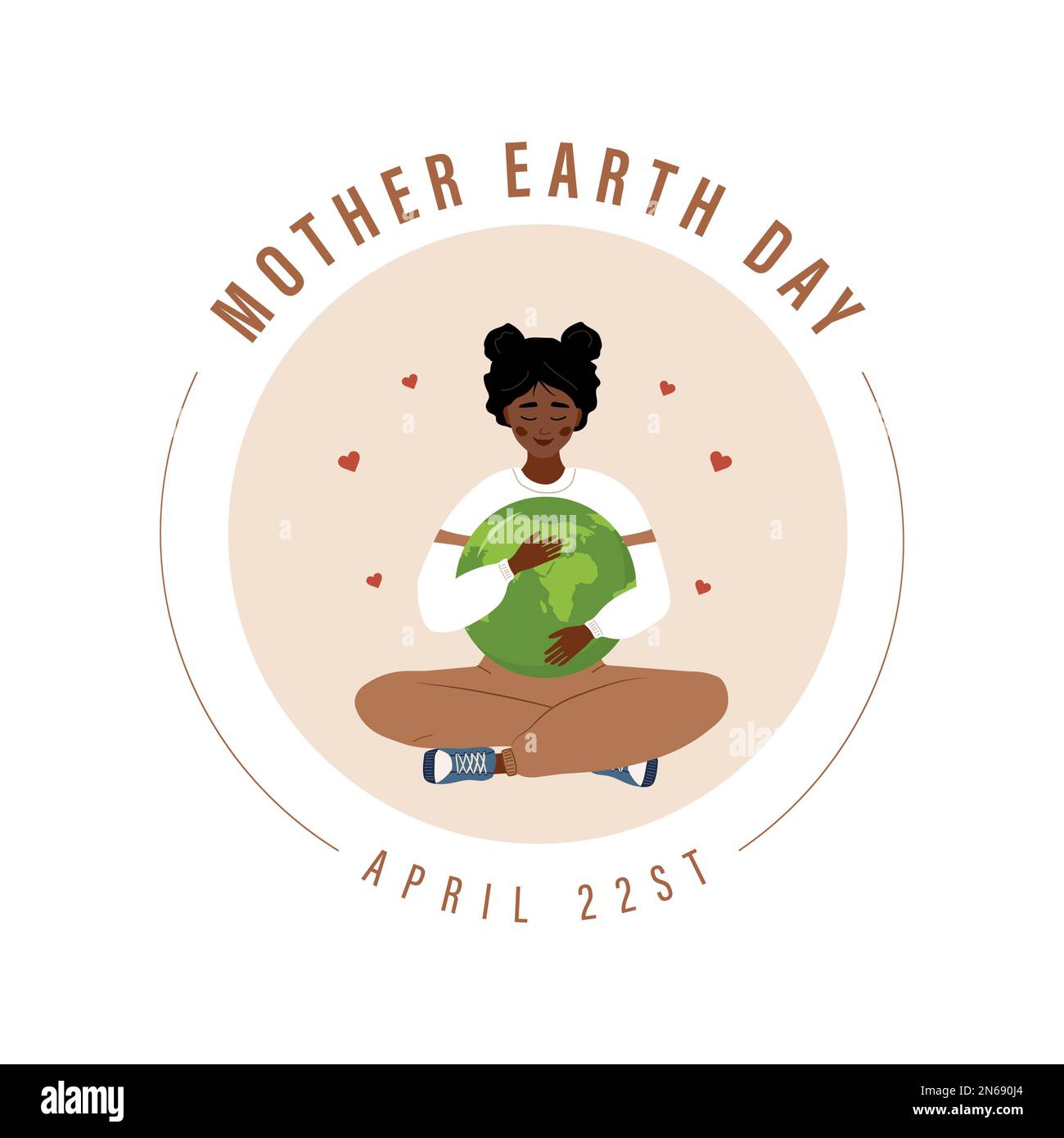 Mother Earth day. Cute african woman hugs planet with love. Caring for Nature. April 22st. Banner, brochure and poster design. Vector illustration in Stock Vector