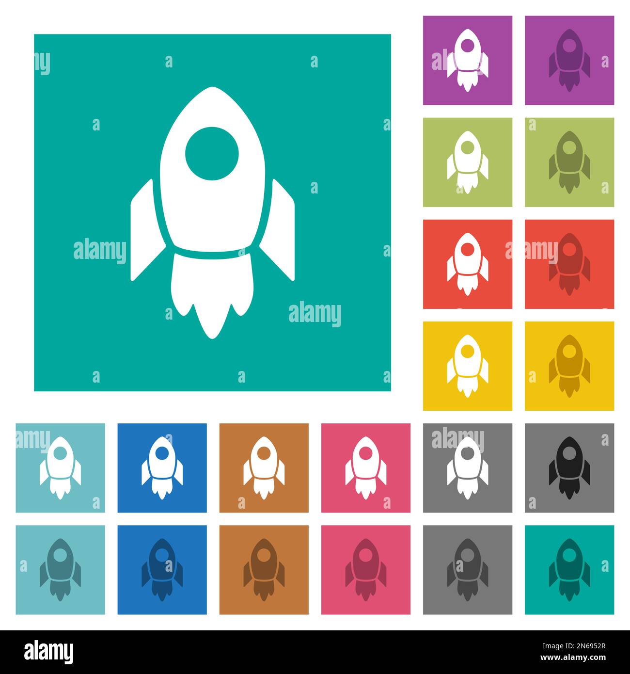 Rocket multi colored flat icons on plain square backgrounds. Included white and darker icon variations for hover or active effects. Stock Vector