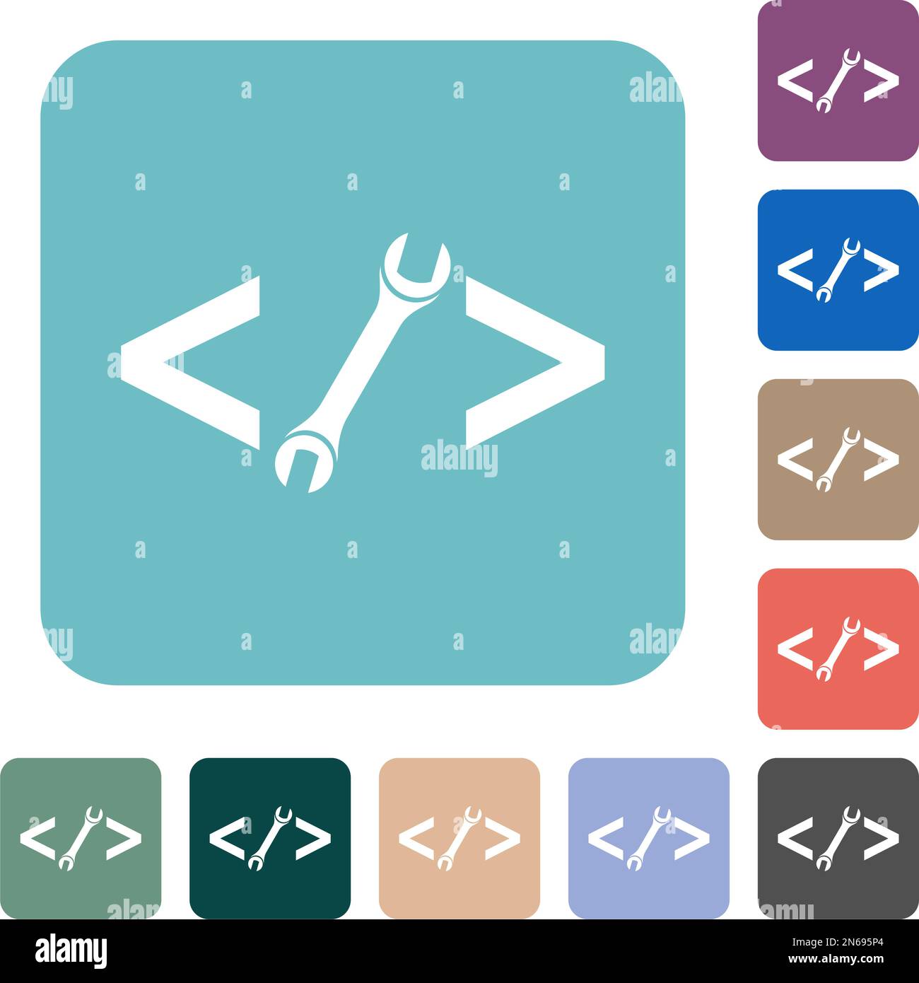 Web development with wrench white flat icons on color rounded square backgrounds Stock Vector