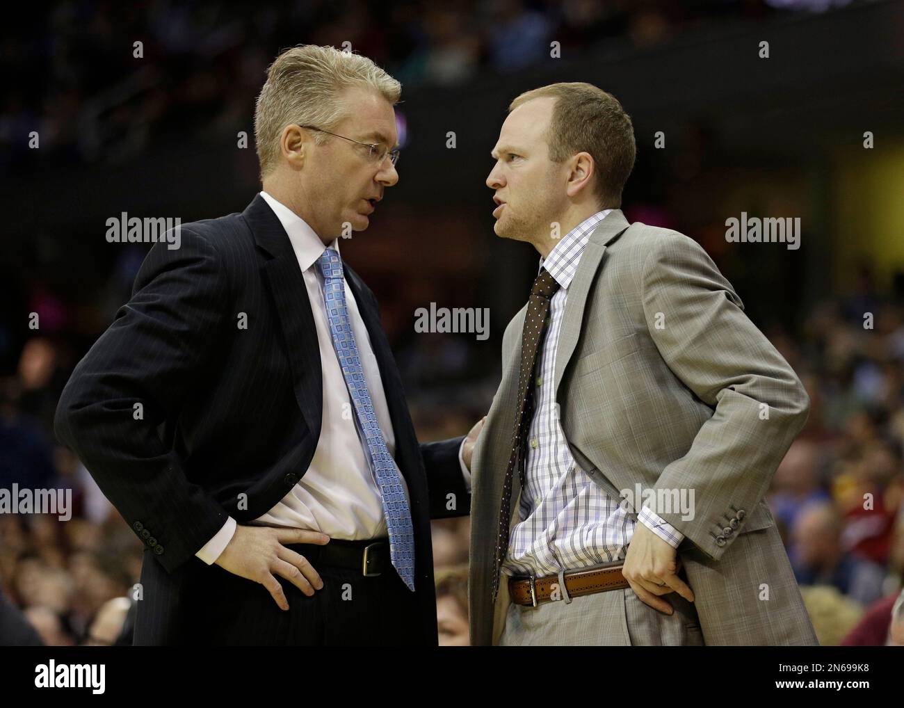 Brooklyn Nets assistant coach Lawrence Frank, right, talks with