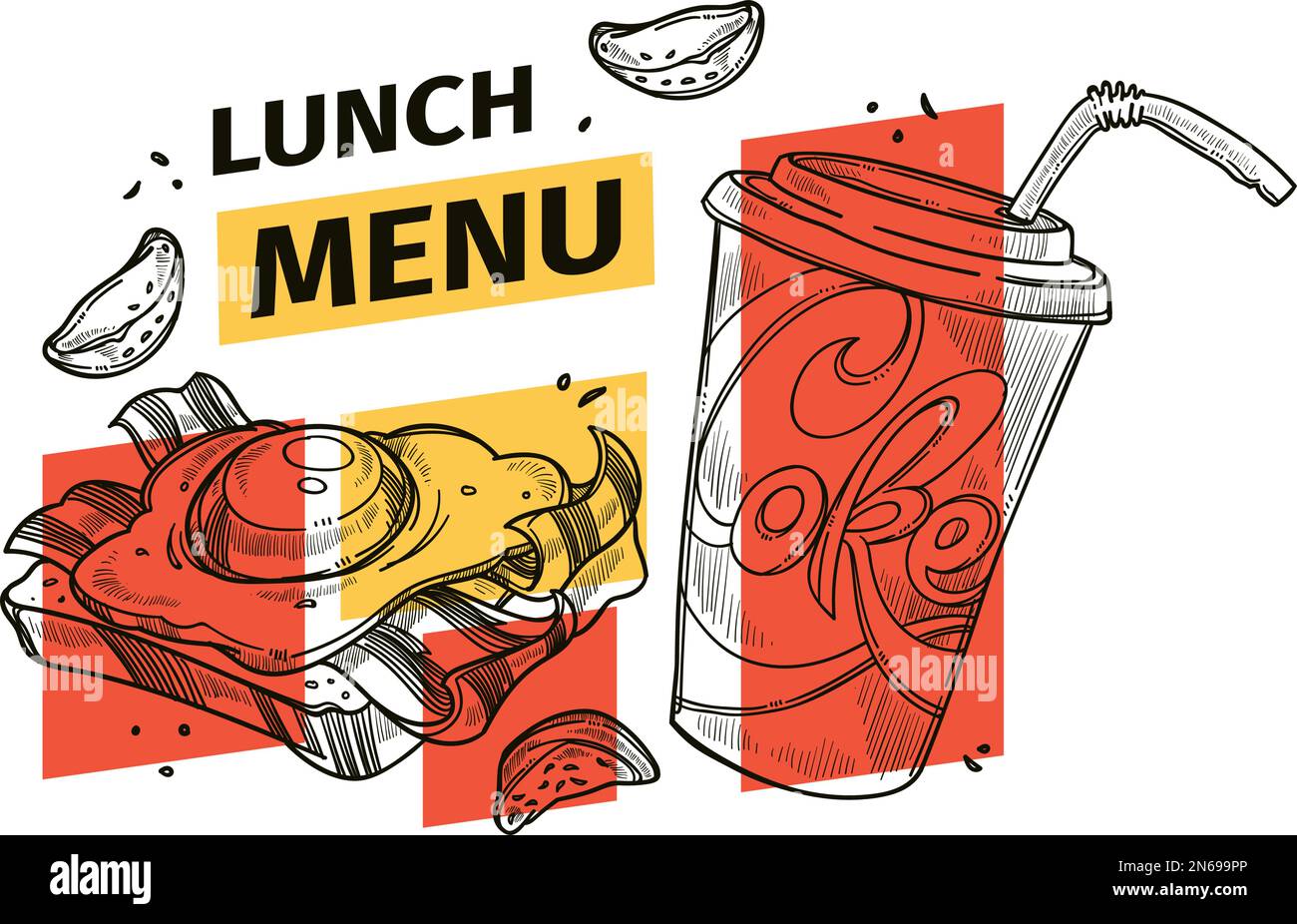 Bistro or street food restaurant lunch menu with sandwich and coke beverage. Tasty dishes