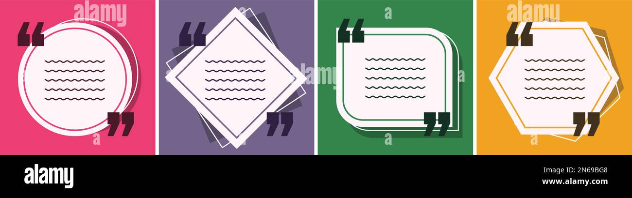 Colored quote speech bubble template icons. Quotes form and speech box isolated on colorful background. Quotation marks. Quote bubble feedback square. Stock Vector