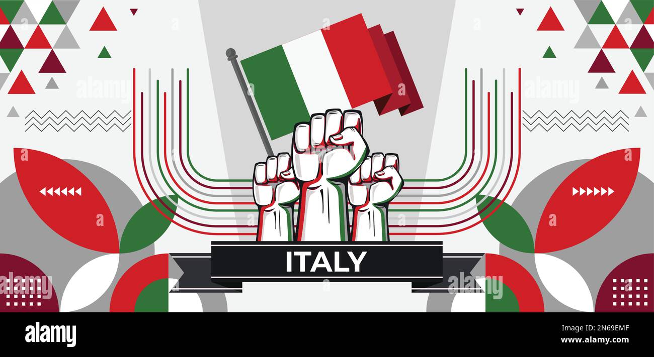 Italy national day banner with Italia flag colors theme background and geometric abstract retro modern green red white design. Italian people. Sports. Stock Vector