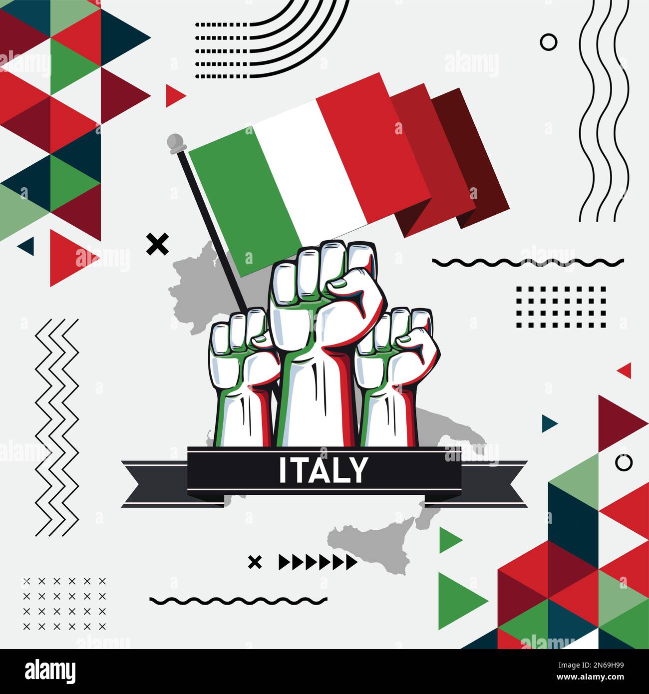 Italia national day banner design. Italian flag and map theme with raised fists. Abstract geometric retro shapes of red and green color. Italy Vector. Stock Vector