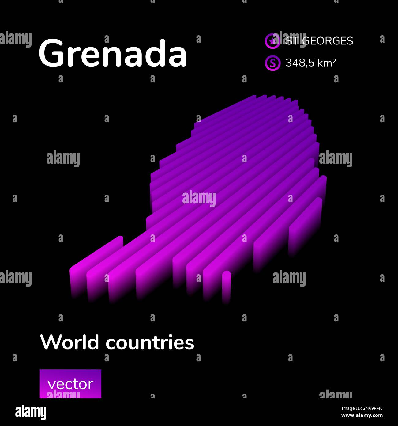 Grenada 3D map. Stylized neon simple digital isometric striped vector Grenada map is in violet colors on black background Stock Vector