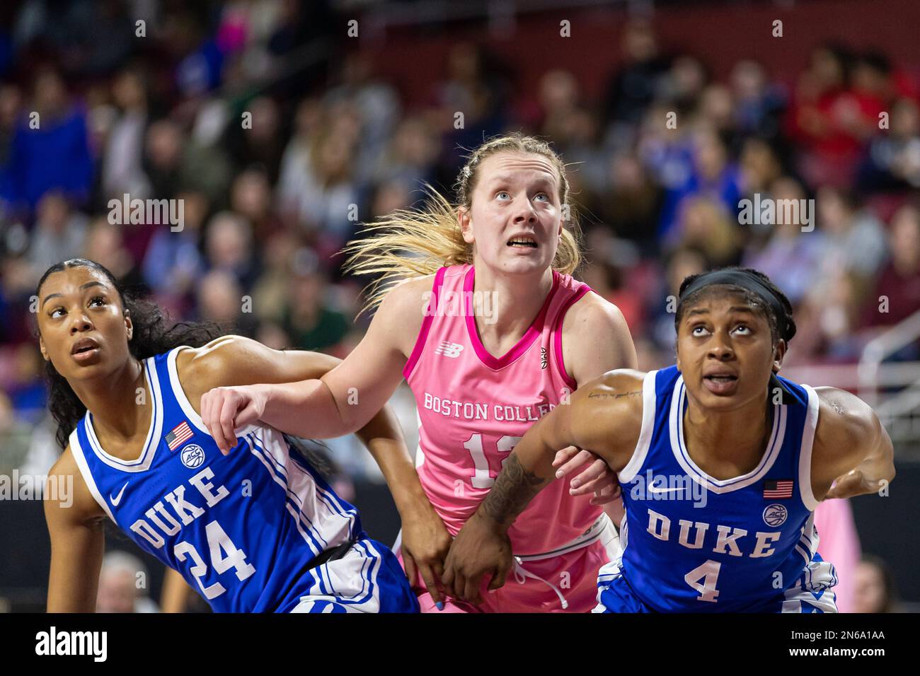 Conte Forum. 9th Feb, 2023. Massachusetts, USA; Duke guard Elizabeth  Balogun (4) and Duke guard Reigan Richardson (24) box out Boston College  forward Ally VenTimmeren (12) in a NCAA women's basketball game