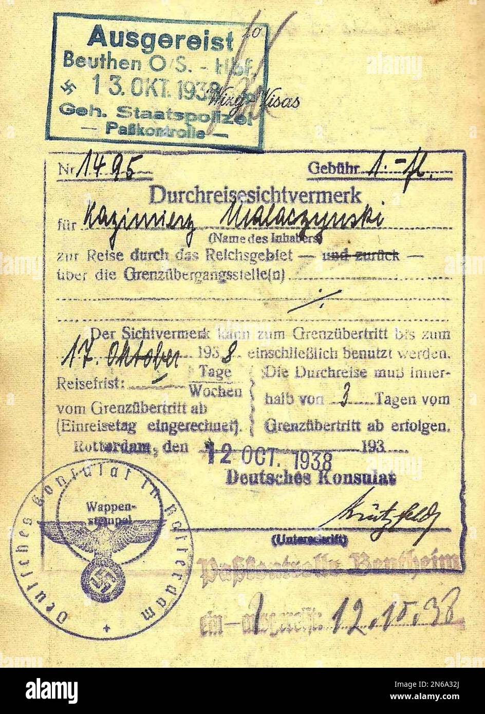 1938 Gestapo border inspection stamp applied when leaving Germany. Stock Photo