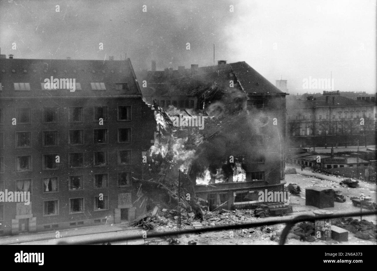 Operation Carthage was a low level precisionbombing attack on the Shellhus (Shellhouse) in Copenhagen. The building was the local headquarters of the Nazi state's secret police the Gestapo. Sadly some pilots mistook a nearby school (the Institut Jean d'Arc) for the Shellhus and bombed it, which reulted in 125 deaths. This is the Shellhus burning after the bombing raid Stock Photo