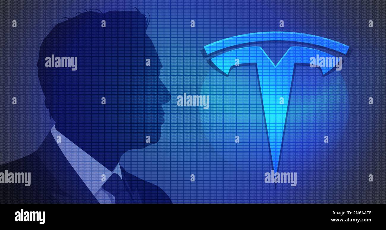Profile of businessman Elon Musk, Tesla logo on a blue background Stock