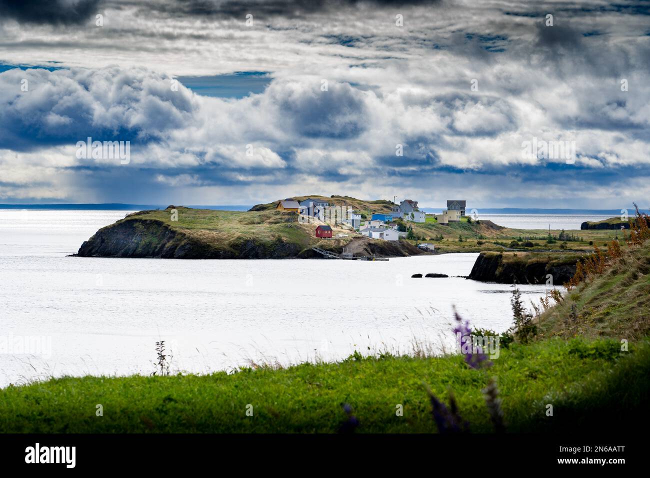 Scenic landscape of small east coast homes on a peninsula overlooking